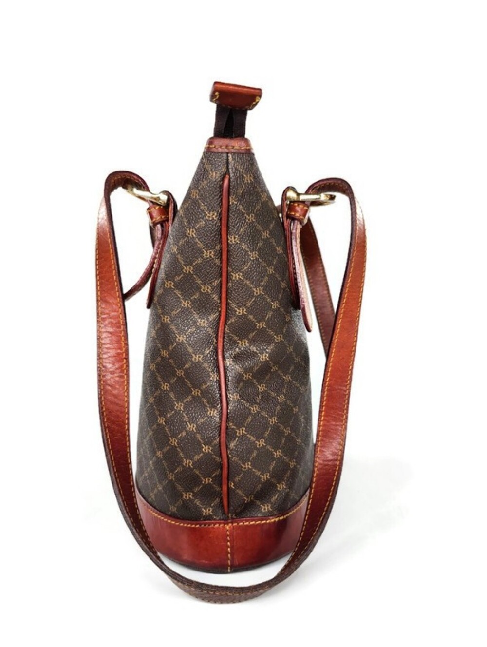 Rioni Brown Coated Canvas Gold Monogram Pattern & Leather Shoulder Bucket Bag - Picture 7 of 14